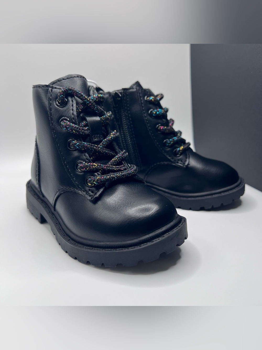 NWT Old Navy Toddler Girls Black Faux Leather Combat Boots Rainbow Laces Size 5